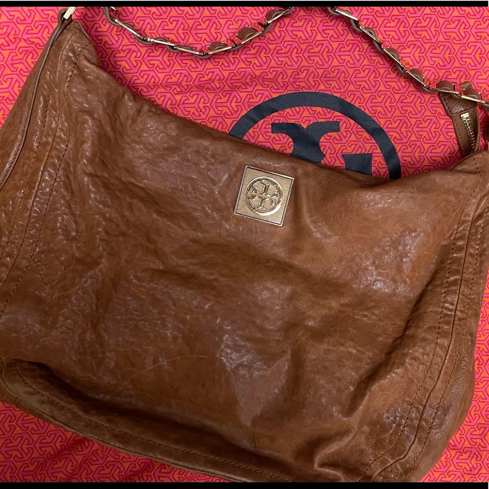 Tory Burch brown tan distressed leather gold chain link strap Hobo EUC